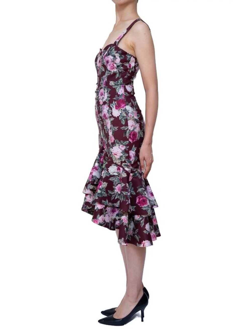 FAME + PARTNERS Floral Midi Dress With Ruffle Hem & Button Detail Sz 8 Burgundy - Picture 2 of 10